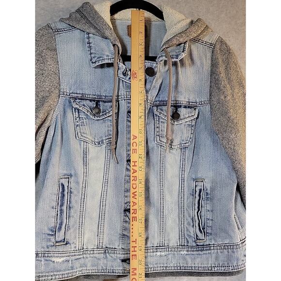 AMERICAN EAGLE OUTFITTERS Hooded Denim Jacket Sz Large Gray Knit Fabric Sleeves - Picture 5 of 8